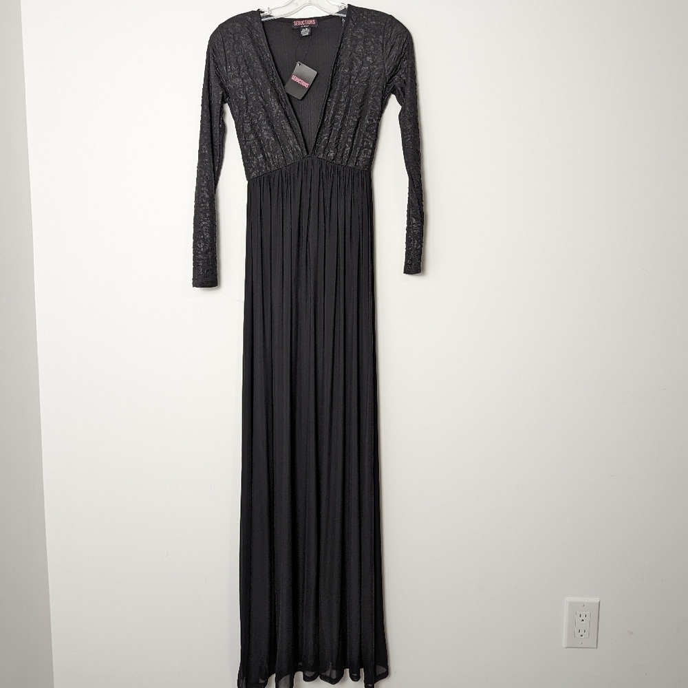 Seductions Black Lace Detail Long Sleeve Maxi Dress XS Bodysuit Whimsigoth Y2K